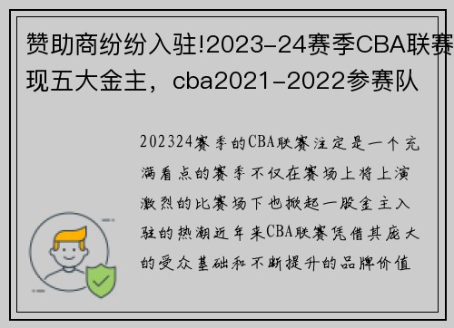 赞助商纷纷入驻!2023-24赛季CBA联赛现五大金主，cba2021-2022参赛队