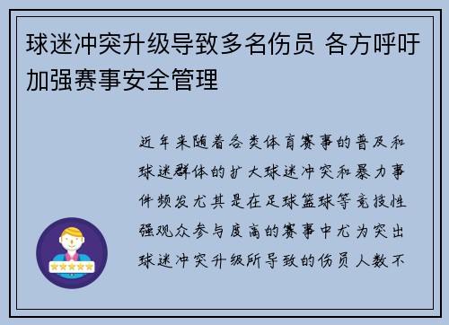 球迷冲突升级导致多名伤员 各方呼吁加强赛事安全管理